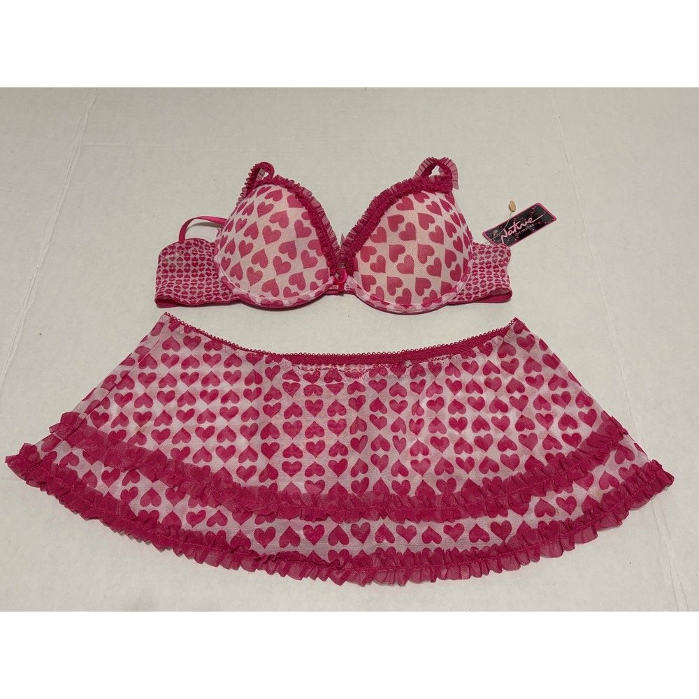 Native Intimates Pink Heart Mesh Lingerie Set 36B Bra Thong Ruffle Skirt NWT